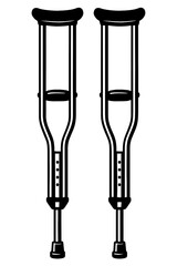 Black and White Vector Illustration of Medical Crutches - Minimalist Line Art of Mobility Aid Equipment with Adjustable Height and Padded Support  
