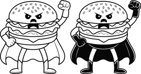 Two cartoon superhero burgers with capes and fists raised in a powerful stance