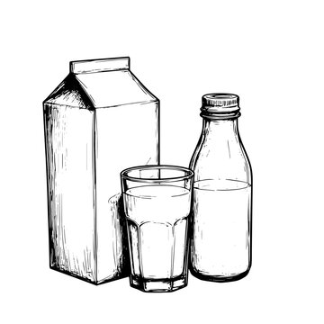 Package and bottle of maloka, glass of milk or kefir, black and white silhouette. Vector illustration. Milk drink, yogurt, healthy, isolated on white background. For invitations, cards, textiles 