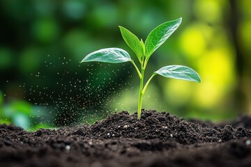 Fototapeta premium A young plant sprouts from dark soil, being gently watered