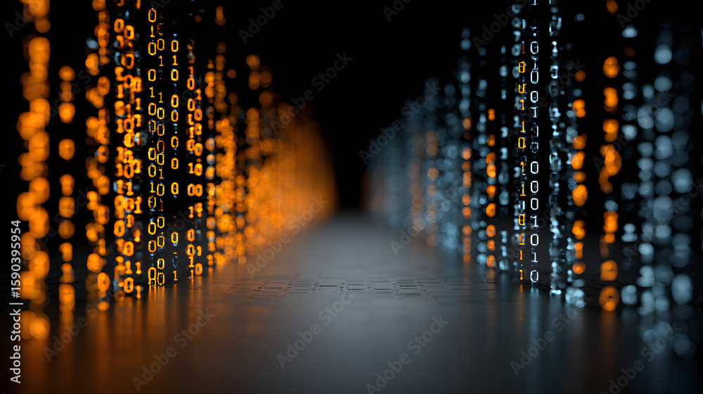Poster long line of binary numbers with orange and blue colors. concept of technology and complexity