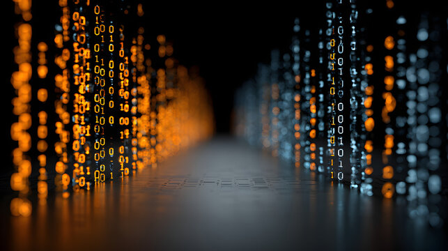 Long line of binary numbers with orange and blue colors. Concept of technology and complexity