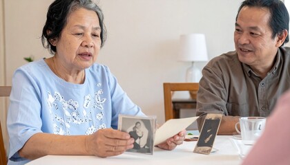 思い出を語る高齢女性と家族の団らん