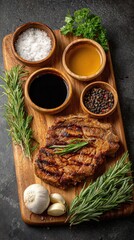 Grilled ribeye steak with herbs and spices on wooden board