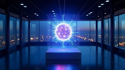 Futuristic holographic neural network interface floating in an empty modern office at dusk, data visualization and AI concept