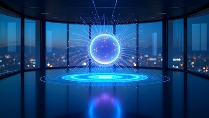 Futuristic holographic neural network interface floating in an empty modern office at dusk, data visualization and AI concept