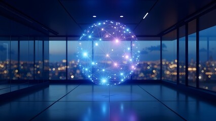 Futuristic holographic neural network interface floating in an empty modern office at dusk, data visualization and AI concept