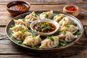 A plate of dumplings with a small bowl of dipping sauce