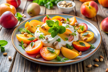 A plate of fresh fruit salad with sliced peaches, apricots, and a dollop of yogurt, garnished with nuts and herbs