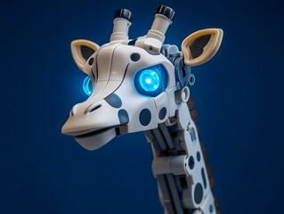 Naklejka premium A white robotic giraffe with glowing blue eyes