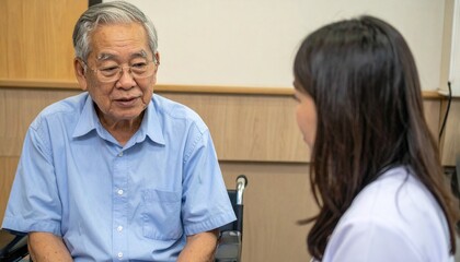 高齢男性と介護士の静かな対話
