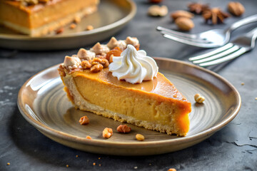 A slice of pumpkin pie topped with whipped cream and nuts on a gray plate with a fork