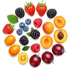 Vibrant Fruit Circle: Strawberries, Blackberries, Apricots, Plums, Kumquats, Raspberries, and Blueberries on White