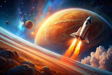 A stylized illustration of a spaceship soaring above a vibrant orange planet against a starry night sky, capturing the essence of surreal space exploration