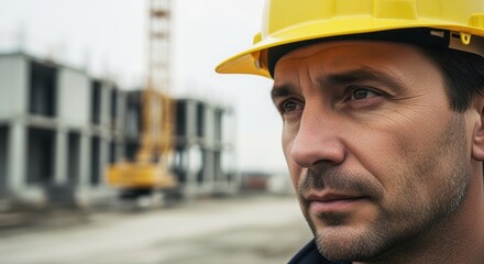 Close up of a construction worker wearing a yellow hard hat, supervising a building site with cranes and concrete structures, showcasing professionalism and safety