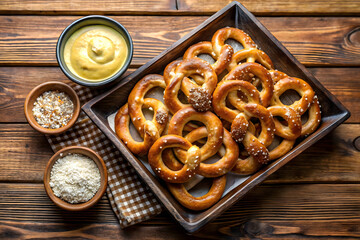 A tray of freshly baked pretzels with coarse salt served alongside a bowl of cheese dip