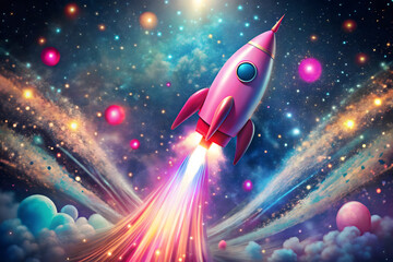 A vibrant illustration features a pink rocket ship soaring through a starry space backdrop. The glowing white trails and colorful dots create a whimsical cosmic scene
