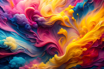 Abstract chromadynamics composition featuring vivid shades of pink, yellow, and blue, creating a dynamic and energetic visual experience through vibrant hues and fluid shapes