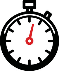 Black and white stopwatch icon with red hand indicating time elapsed. Vector illustration
