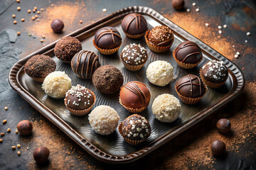An assortment of chocolate truffles with sea salt on a textured metal tray