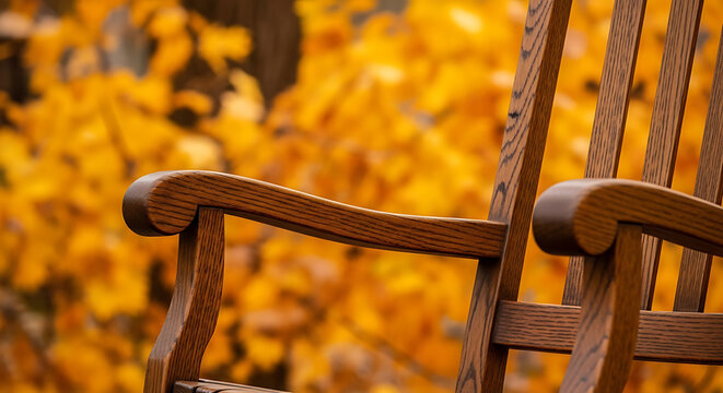 Close-up of antique wooden rocking chair, rustic weathered oak, surrounded by golden foliage, warm lighting, antique store
