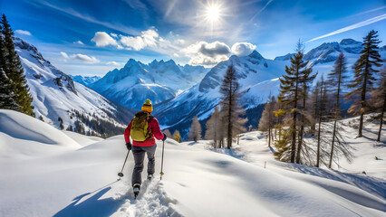 Hiking with snowshoes in the mountains