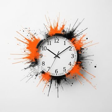 A clock exploding with orange and black paint splashes