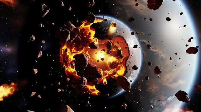 Fiery Asteroid Impact on Earth like Planet Creating Cosmic Cataclysm in Deep Space with Stars for Adobe Stock