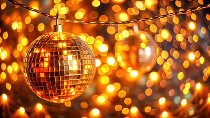 Orange string lights glowing over shiny disco ball