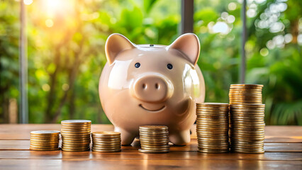 Piggy bank and coins on a wooden table representing savings and financial planning indoors