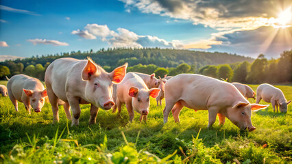 Pigs grazing outdoors in summer