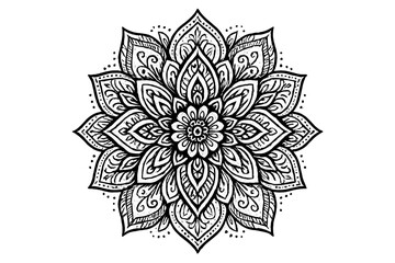 Black and White Mandala with Symmetrical Floral Details

