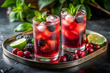 Two tall glasses of red berry cocktail with ice, garnished with herbs, served on a tray with lime and blackberries