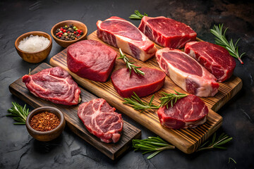 Variety of Raw Black Angus Prime meat steaks Top Blade, Denver, Rib Eye, Striploin, Tenderloin fillet Mignon on wooden board on dark background
