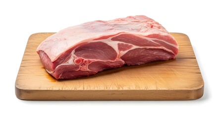 Raw pork shoulder on a wooden cutting board, a fresh cut of meat for cooking