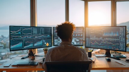 African male analyzing financial charts on multiple monitors in modern office