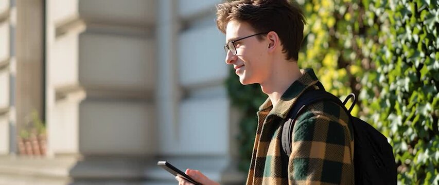 Anamorphic video Male students walking to education, library and college class