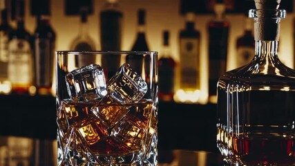 Pouring whiskey over ice in elegant crystal glasses against backlit bar bottles - Powered by Adobe