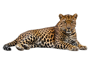 Fototapeta premium Majestic leopard in sphinx pose with detailed rosette fur pattern and intense gaze, ideal for wildlife visuals. Isolated on white or transparent background. PNG