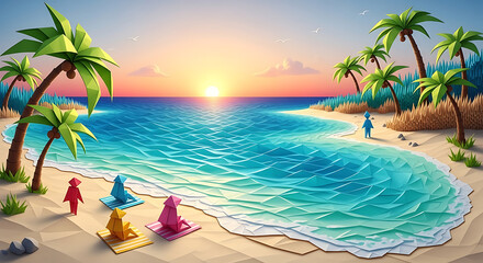 Origami landscape of a tropical beach