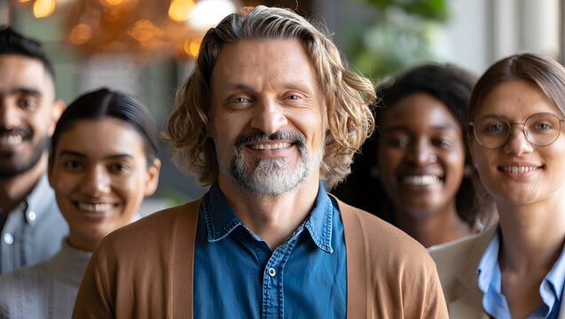 Diverse team portrait smiling in office, business professionals group photo together