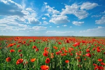 Vibrant red poppy field under blue sky with white clouds on a sunny day