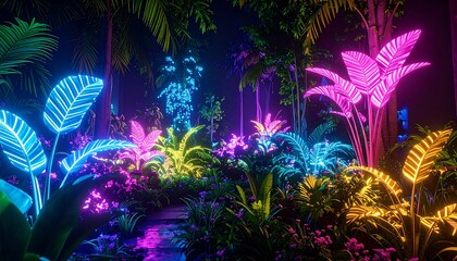 Fototapeta premium Neon-lit tropical jungle path
