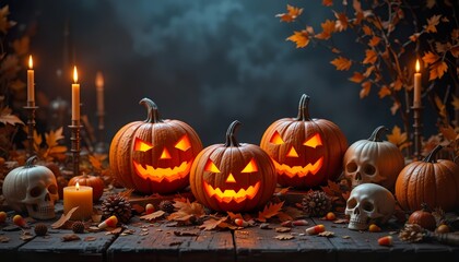 Glowing jack-o'-lanterns with skulls, candles, and candy corn on a Halloween-themed table.