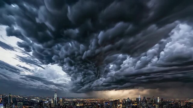 Dramatic timelapse of storm clouds rolling over a cityscape with lightning bursts