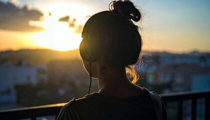 Woman in silhouette with headphones enjoying golden sunset over city