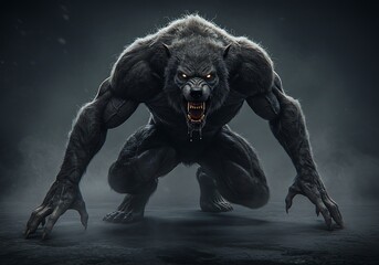 Obraz premium Ferocious Werewolf in a Dramatic Pose. Generative Ai