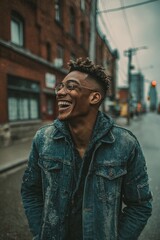 Fototapeta premium Young african male smiling in denim jacket on urban street
