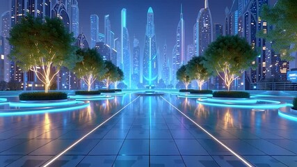 Blank display, stage or podium for show product in futuristic cyberpunk style. Futuristic city buildings in the distance, featuring skyscrapers and neon lights - Powered by Adobe