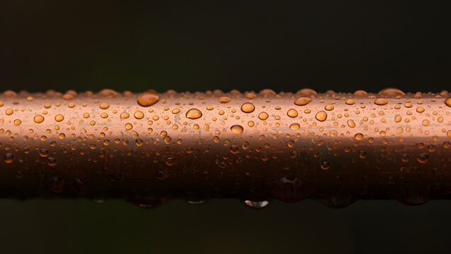 Close up of copper pipe with water droplets for plumbing and condensation concepts